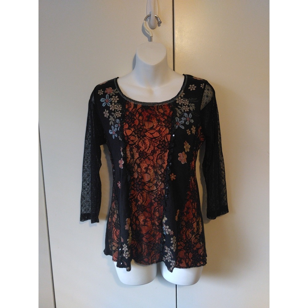 Y2K  Womens Floral Patchwork Lace Details  Top Size L Whimsigoth Fairy Grunge